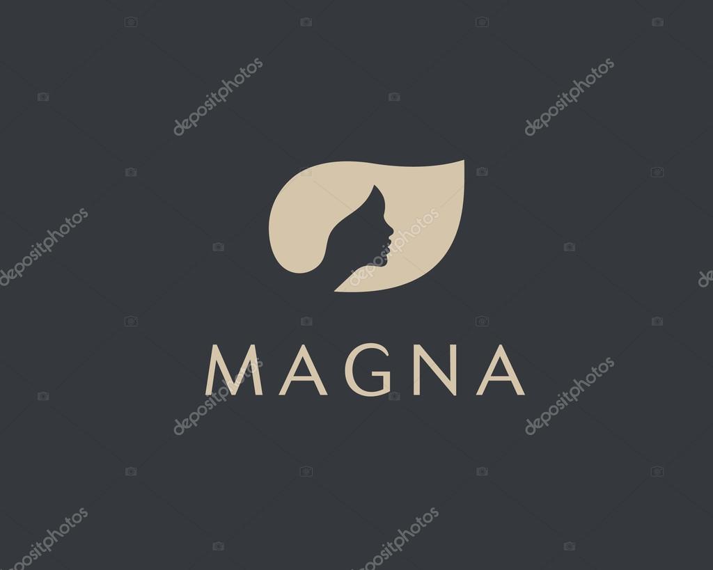 Beautiful woman face logo design template.  Hair, girl, leaf symbol. Abstract design concept for beauty salon, massage, magazine, cosmetic and spa. Premium vector icon