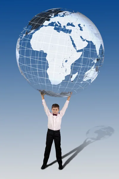 Boy holding in his hands over his head a large translucent globe — Stock Photo, Image