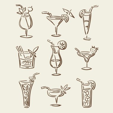 Çizgi stili kokteyller kümesi