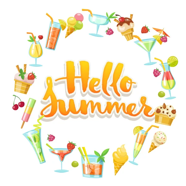 Bonjour design d'été avec nourriture et boissons — Image vectorielle