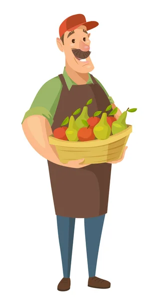 Carácter campesino con manzanas y peras — Vector de stock