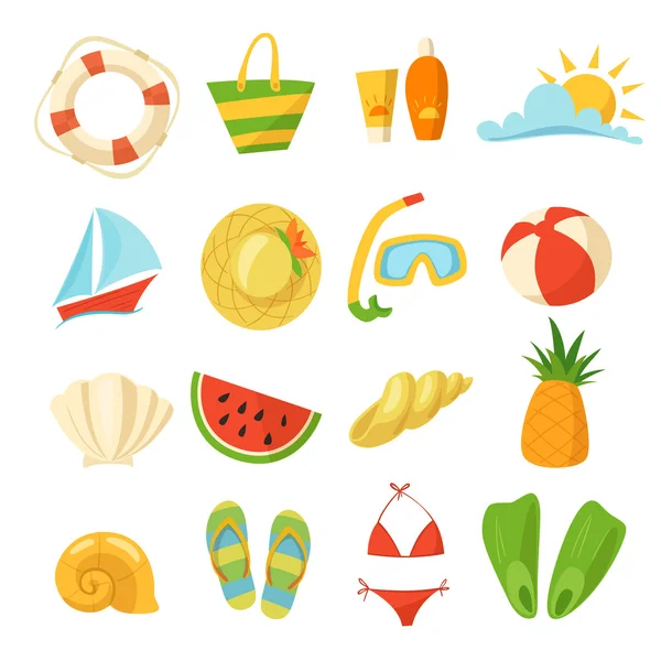 Summer kinds of food, transport, clothes — Stock Vector