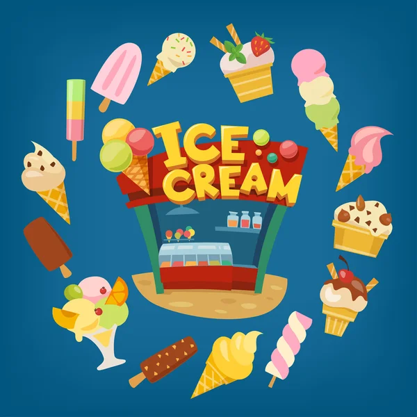 Ice cream shop with ice creams — Stock Vector