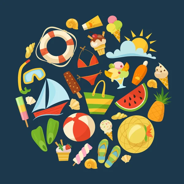 Types d'été de nourriture, de transport, de vêtements — Image vectorielle