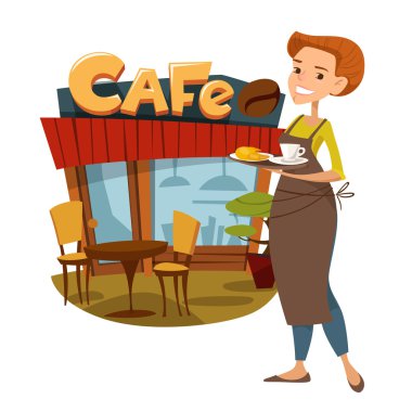 Sevimli kadın garson bir café ayakta