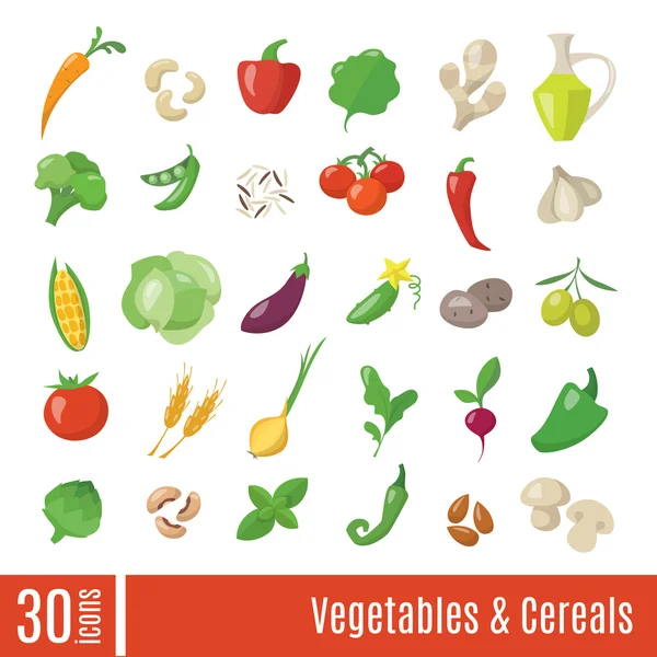 Iconos planos verduras y cereales — Vector de stock