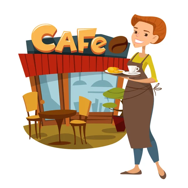 Мила жінка-офіціант стоїть біля кафе — стоковий вектор