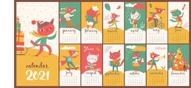 2021 numaralı vektör takviminde kedi ve tilkiler çocuk stili çizgi filmlerde. Çocuk odası için güzel dekorasyon. Farklı yaşam koşulları.