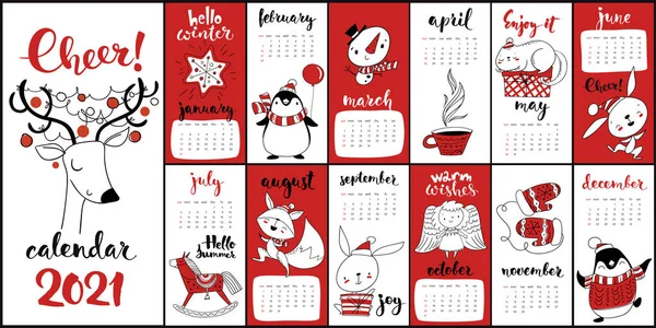 2021 Календар Векторному Сучасному Стилі Кумедною Намальованою Рукою Мультфільм Різдвяні — стоковий вектор