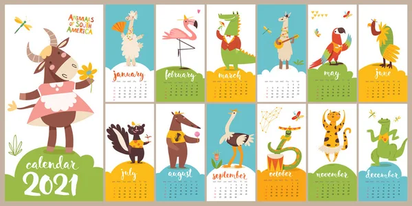 Wektor Kreskówek 2021 Kalendarz Zabawnymi Postaciami Dzikich Zwierząt Wykonujących Różne — Wektor stockowy