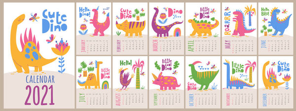 Dinosaurs kids style cartoon vector 2021 calendar. Letter size calendar with funny dinosaur characters. Nice decoration for kids children room. Different kinds of dinosaurs