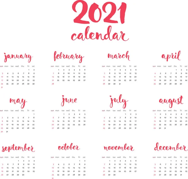 Kalendarz 2021 Nowoczesnym Stylu Kaligraficznym Kalendarz Vector 2021 Ręcznie Rysowanymi — Wektor stockowy
