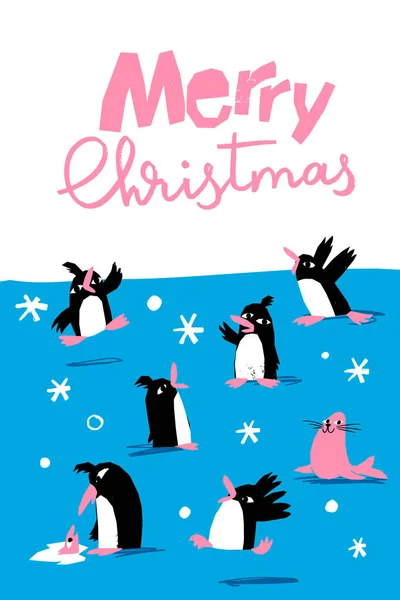 Hiver Joyeux Poster Noël Avec Jolis Pingouins Sérigraphie Dessinée Main — Image vectorielle