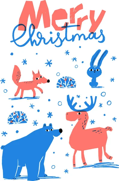 Winter Merry Christmas Poster Mit Niedlichen Tieren Handgezeichneten Siebdruck Stil — Stockvektor