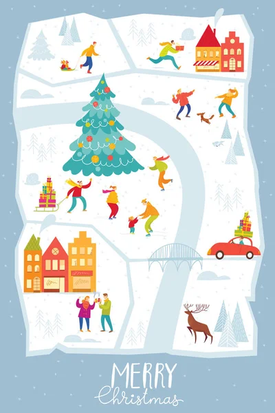 Biglietto Vettoriale Buon Natale Vacanze Invernali Con Mappa Della Città — Vettoriale Stock