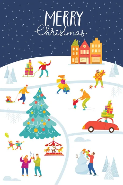 Vector Merry Christmas Poster Winter Holiday Season City Map Tree — Stock Vector