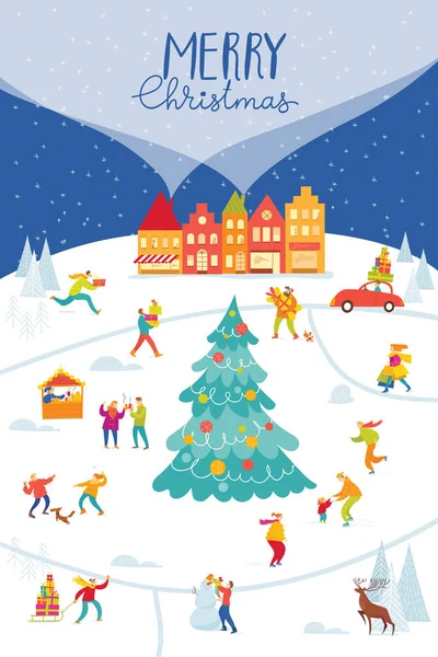 Vector Merry Christmas Image City Market Placefor Winter Holiday Season — стоковый вектор