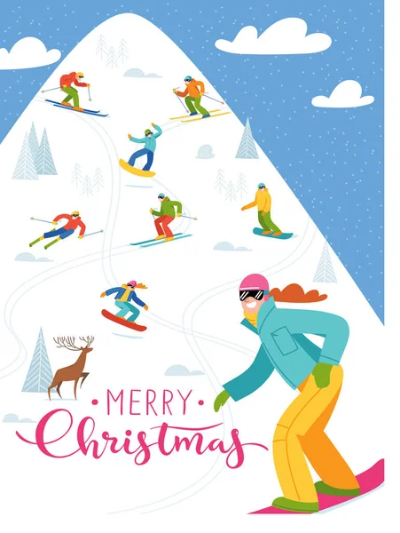 与现代风格的人一起参加冬季运动和滑雪板活动的滑雪胜地的圣诞快乐海报 滑板和滑雪活动 自由泳运动员 男性和女性的高详细数字 免版税图库矢量图片