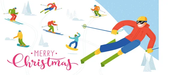 与现代风格的人一起参加冬季运动和滑雪板活动的滑雪胜地的圣诞快乐横幅 滑板和滑雪活动 自由泳运动员 男性和女性的高详细数字 图库矢量图片