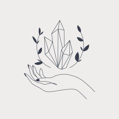 El ele tutuşan kristal logo şablonları çizilmiş sanat ve siluet tasarımı ve kristal doğa elementleri. Modern tarz logo çizgileri siyah ve beyaz olarak tasarlandı. İskandinav karalama stili.