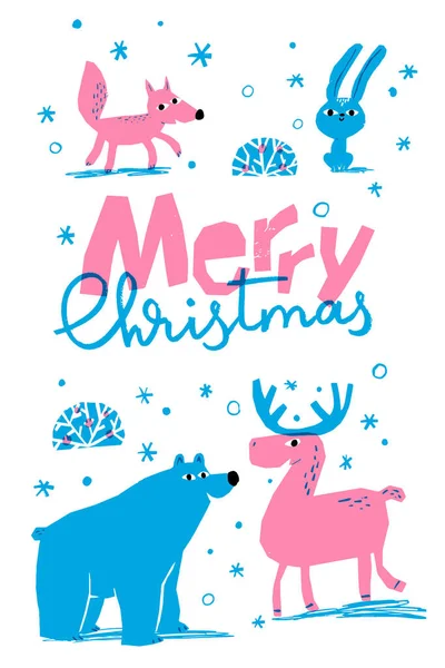 Winterposter Mit Niedlichen Tieren Handgezeichneten Stil Vector Frohe Weihnachten Winterposter — Stockvektor