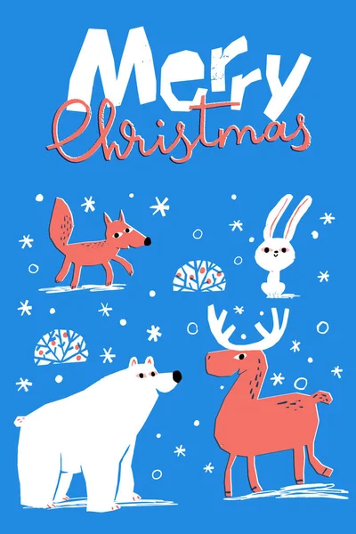 Καλά Χριστούγεννα Αφίσα Χειμώνα Χαριτωμένα Ζώα Στο Χέρι Που Στυλ — Διανυσματικό Αρχείο