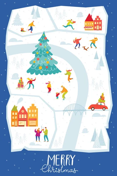 Vector Merry Poster Natale Vacanze Invernali Con Mappa Della Città — Vettoriale Stock