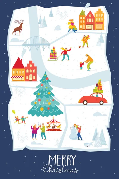 Cool Merry Poster Natale Con Mappa Della Città Edifici Fiera — Vettoriale Stock