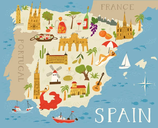 飲み物 スペイン文化のシンボルとポスター 壁の装飾 バッグ カード上の印刷のための素晴らしいスペインの高詳細なベクトルマップ — ストックベクタ