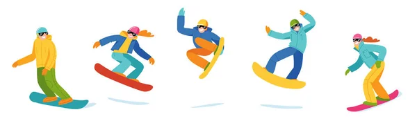 Vector Snowboarders Estilo Plano Moderno Actividades Snowboard Esquí Deportista Freestyle — Archivo Imágenes Vectoriales