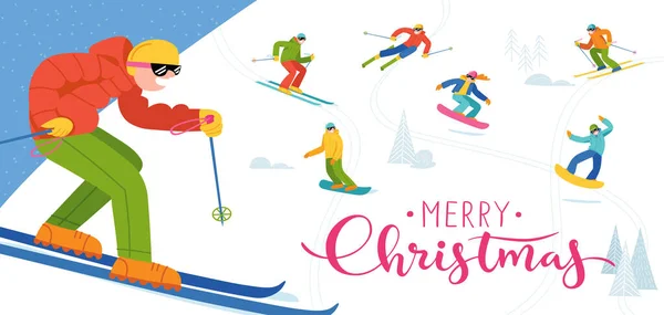 与现代风格的人一起参加冬季运动的滑雪胜地的旗帜的圣诞快乐图解 滑板和滑雪活动 自由泳运动员 男性和女性的高详细数字 免版税图库矢量图片