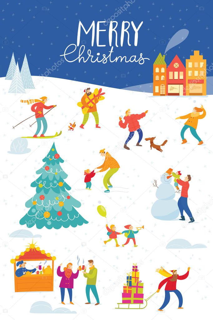 Vector Merry Christmas  poster for winter holiday season with city map and abstract people doing winter activities. New Year card with city and buildings