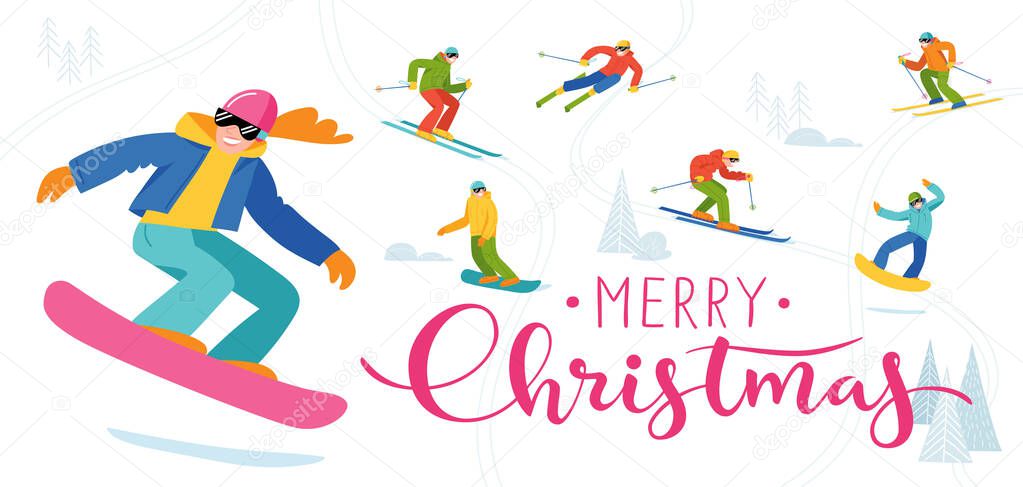 Ski resort leaflet design with modern style people doing winter sports and snowboard woman. Snowboard and ski activities, freestyle sportsman. High detailed male and female figures. 