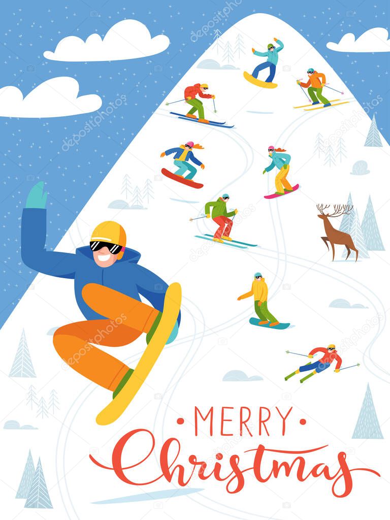 Ski resort Merry Christmas poster with modern style people doing winter sports and skier. Snowboard and ski activities, freestyle sportsman. High detailed male and female figures. 