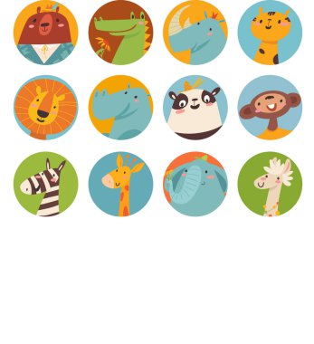 Büyük sevimli çizgi filmlerden oluşan bir vektör kümesi. Büyük hayvanlar daireler çiziyor. Beyaz arka planda izole edilmiş bir sürü sevimli çizgi film karakteri. Düz çizgi film tarzında renkli vektör çizimleri kümesi.