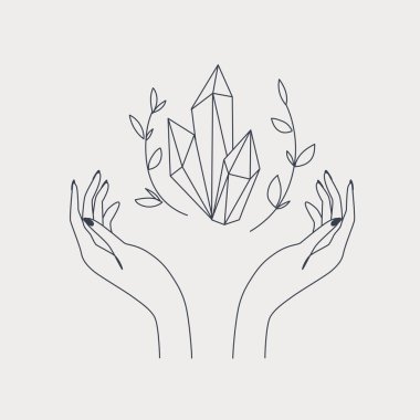 Ellerinde kristaller ve bitkiler olan logo şablonları ve doğal elementlerle birlikte sanat ve siluet tasarımı. Modern tarz logo çizgileri siyah ve beyaz olarak tasarlandı. İskandinav karalama stili.