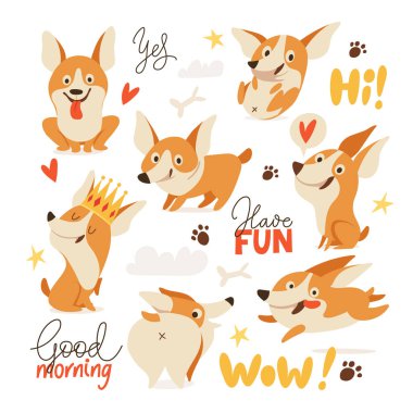 Galce Corgi çeşitli karakterler, emoji çıkartmaları ve komik harfli yamalar koleksiyonu. Düz modern tarzda komik Corgi çizgi filmi. Galli Corgi Pembroke çizgi film seti. 