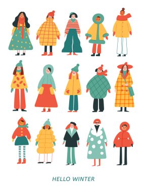 Modern tarzda farklı giyinen kadınların olduğu bir kış posteri. El çizimi kadın karakterler. Farklı karakterler ve biçim. 