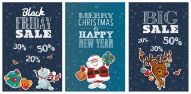 Üç Kara Cuma seti, büyük indirim ve içinde karikatür karakterleri olan Noel tebrik posterleri ve karatahta şeklinde harfler. Tatil tanıtım şirketiniz için harika. Çizgi film Noel Baba ve Geyik 'le Mutlu Noeller.. 