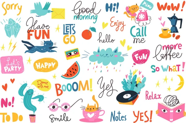 Grote Set Met Vectorstickers Met Grappige Handgetekende Elementen Quotes Cartoon — Stockvector