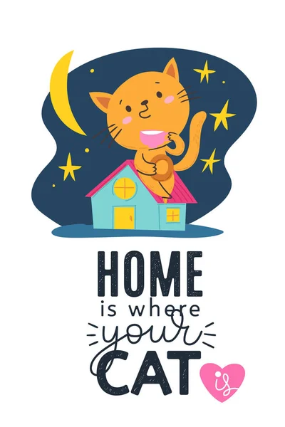 Komik Kedi Karakteri Evde Çay Içer Kedi Posterinin Olduğu Yerdir — Stok Vektör