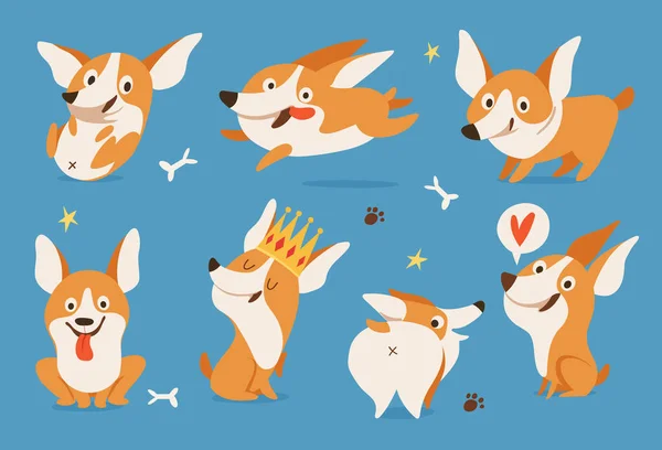 Galés Corgi Varios Personajes Conjunto Emoji Pegatinas Parches Colección Dibujos — Vector de stock