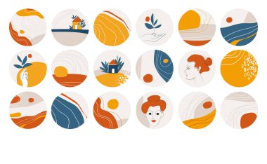 Modern pastel sanat tarzında sosyal medya için önemli noktalar ve hikaye simgeleri. Karalama simgeleri ve logoları olan pankartlar, insanların yüzleri, el çizimi tarzında mutluluk ve eğlence. Skeç tarzı sanat