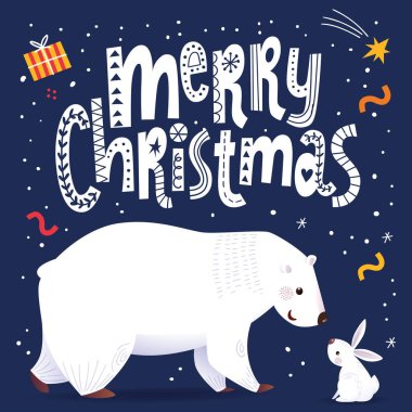 Mutlu Noeller kartı ya da İskandinav dekoratif harfleri ve sevimli ayı karakteri olan poster. Dekoratif Noel kış tasarımı, tüm baskı seçenekleri için harika. 