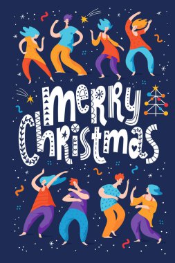 Mutlu yıllar posteri ya da sosyal medya afişi dans figürleri ve dekoratif harfler. Dekoratif Noel kış tasarımı, tüm baskı seçenekleri için harika. 
