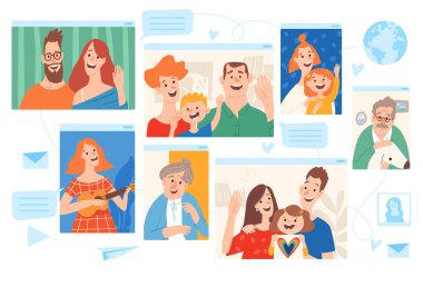 Ev izolasyonu karantinası aile, yetişkinler ve internet bağlantı sembolleriyle ev vektör illüstrasyonunda kalıyor. Evde kal ve ailenin yatay geniş görüntüsüyle temasta ol..
