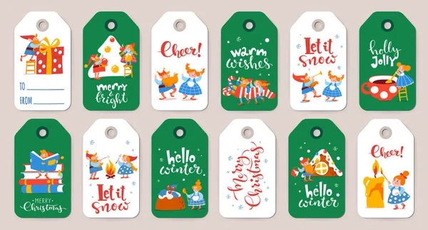 Paquete Seis Etiquetas Venta Navidad Con Elfos Lindos Con Letras — Vector de stock