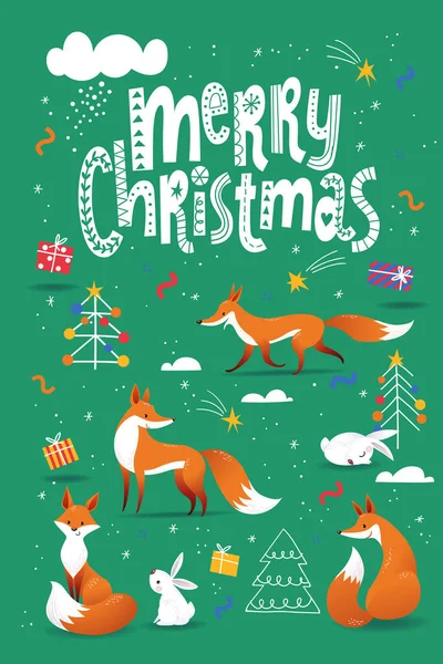 Groene Kleur Merry Christmas Poster Highlight Cover Met Nordic Decoratieve — Stockvector