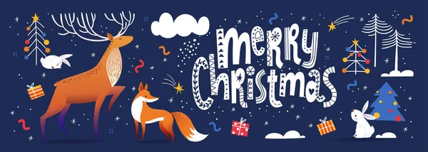 Gran Bandera Feliz Navidad Con Ciervos Otros Animales Cubierta Tarjeta — Vector de stock