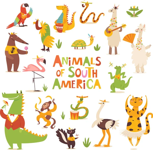 Vector Conjunto Animales Dibujos Animados Salvajes América Del Sur Paquete — Vector de stock